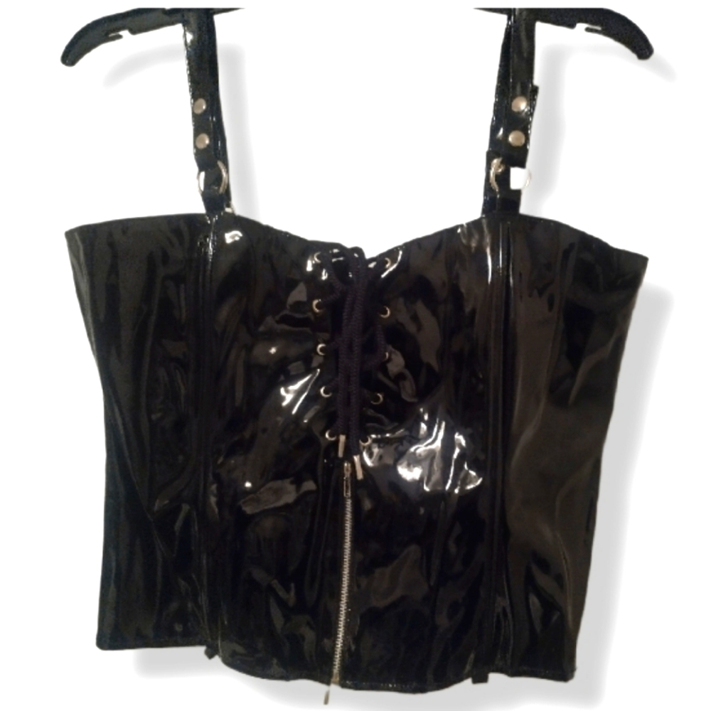 ELEGANT MOMENTS BLACK LEATHER Vinyl Overbust Corset Top size 38/1X